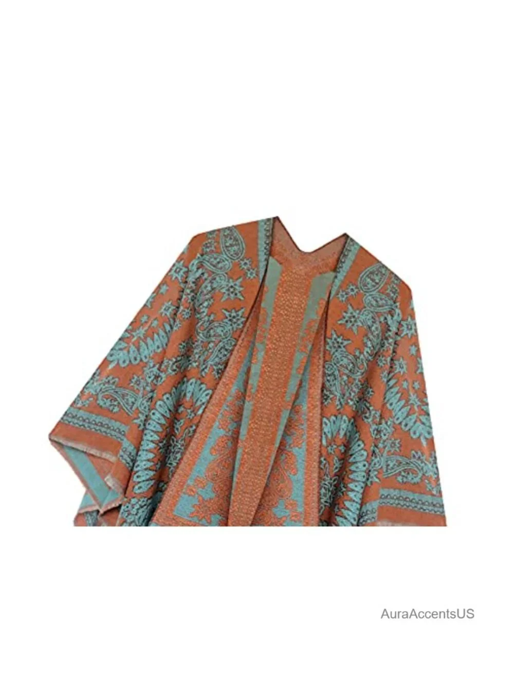 Open Front Poncho Shawl Wrap Western Printed Tassel Reversible